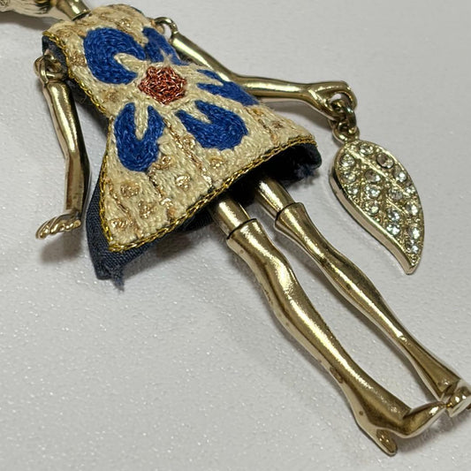 Servane Gaxotte Doll Pendant Necklace Blue Flower Dress Leaf Charm