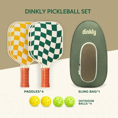 Dinkly Pickleball Paddle Set 2 Wave Check Bag 4 Balls Green