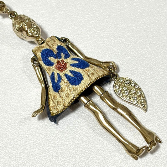 Servane Gaxotte Doll Pendant Necklace Blue Flower Dress Leaf Charm