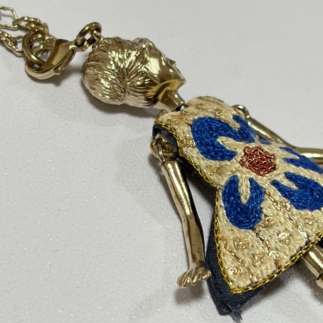 Servane Gaxotte Doll Pendant Necklace Blue Flower Dress Leaf Charm